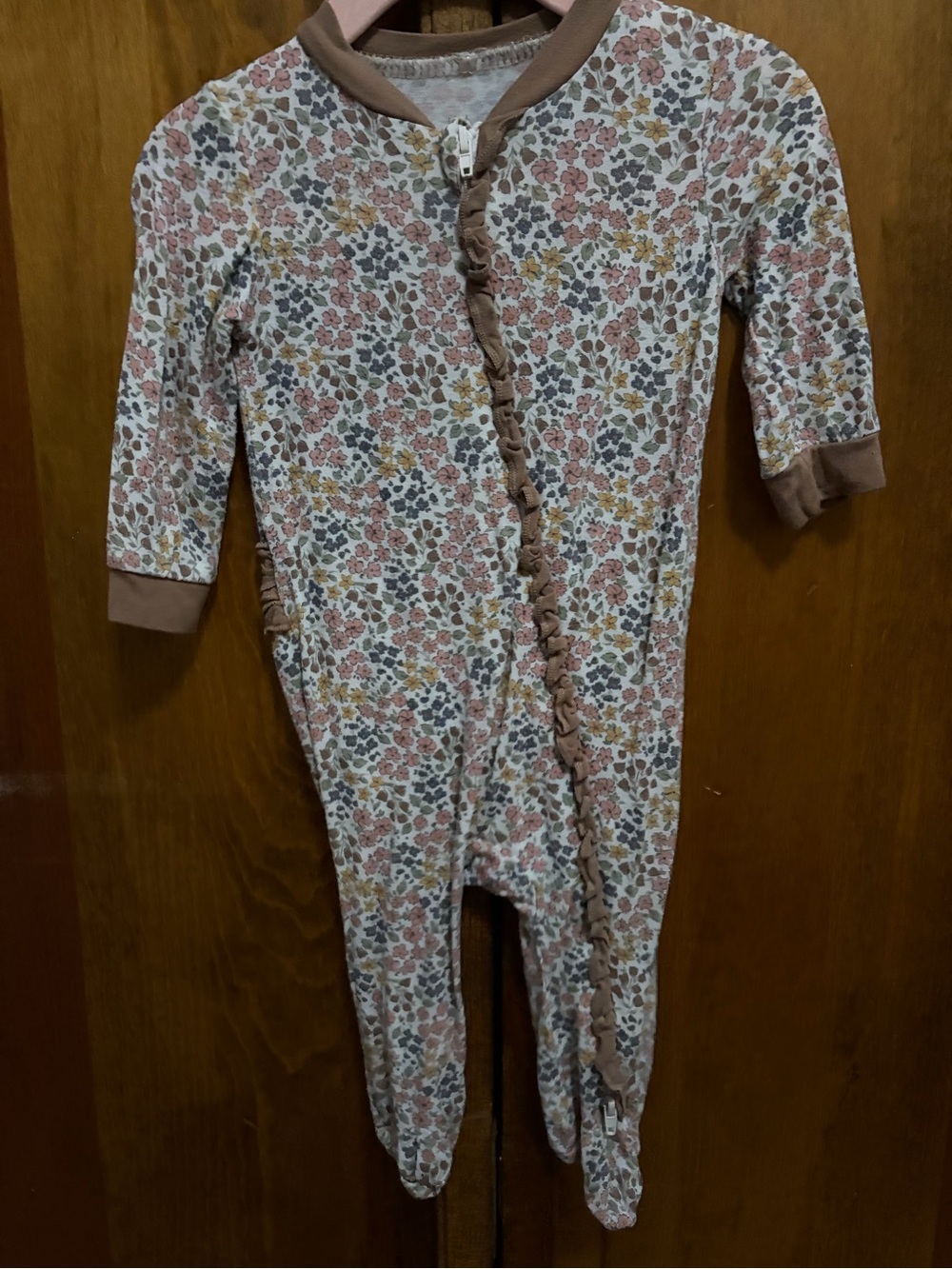 Milkberry Baby Girl 0-3 months Floral Ruffle Zip One-Piece - Pink/Brown